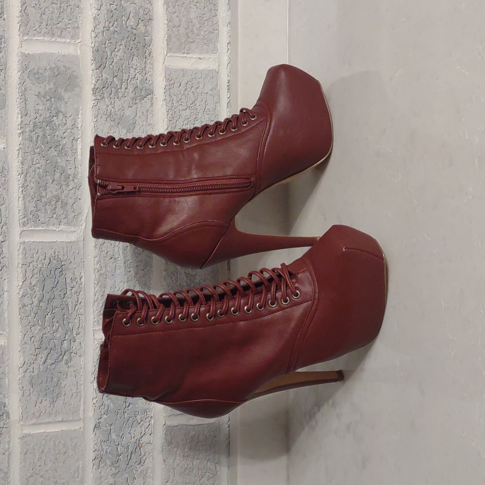 Bakers Women's Squared Burgundy Lace Up Platform Stiletto Pumps Heels Size 7 - Picture 2 of 16